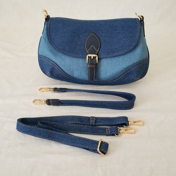 NWOT! Two-tone Blue Denim Shoulder Crossbody Purse with Two Detachable Straps - Picture 6 of 15